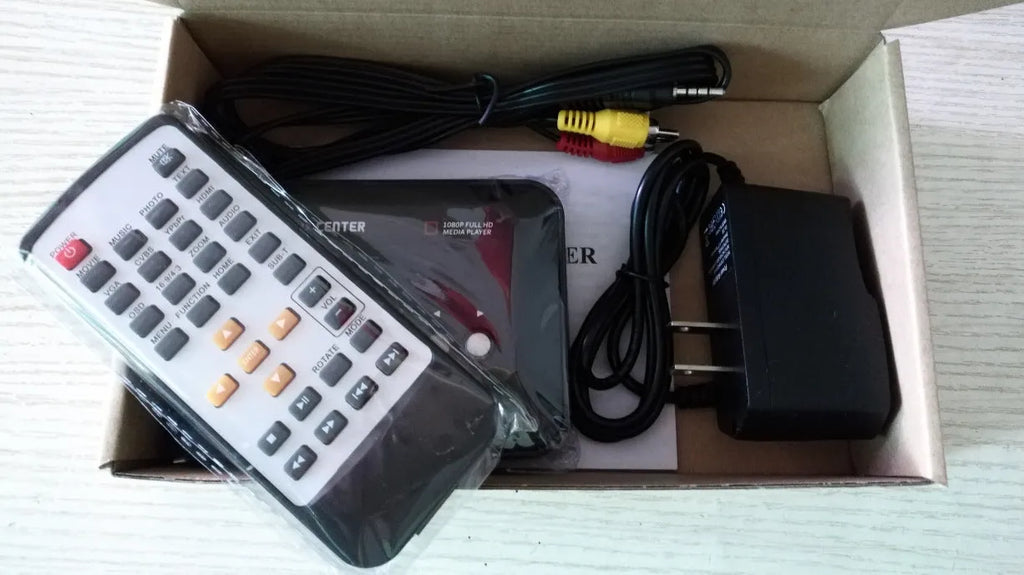 HDTV video player 1080P with USB, SD card slot, HDMI and AV outputs, and remote control