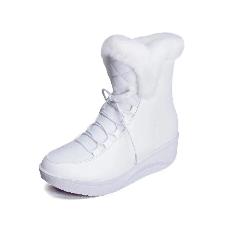 Black women's lace-up winter boots with a platform sole and faux fur lining on a white background
