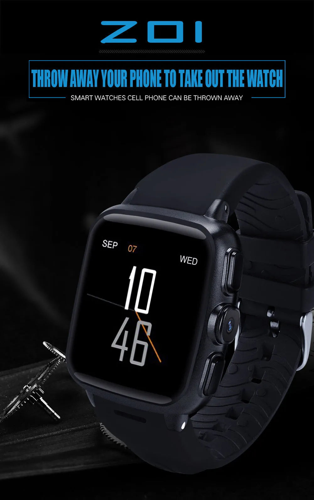 Black and white Z01 smart watch showing its 1.54-inch touchscreen and wrist strap.