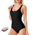 Black nylon-polyester women's swimsuit brief on plain background