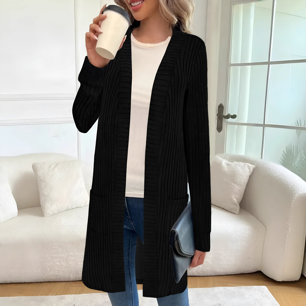 A loose-fitting long sleeve cardigan jacket with pockets, shown in black, wine red, and grey colour options.