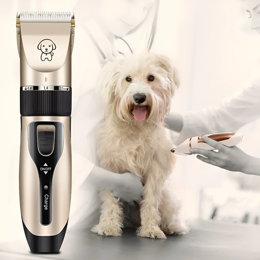 Dog shaver with titanium ceramic blade, rechargeable lithium battery, guide combs, and charger on a white background