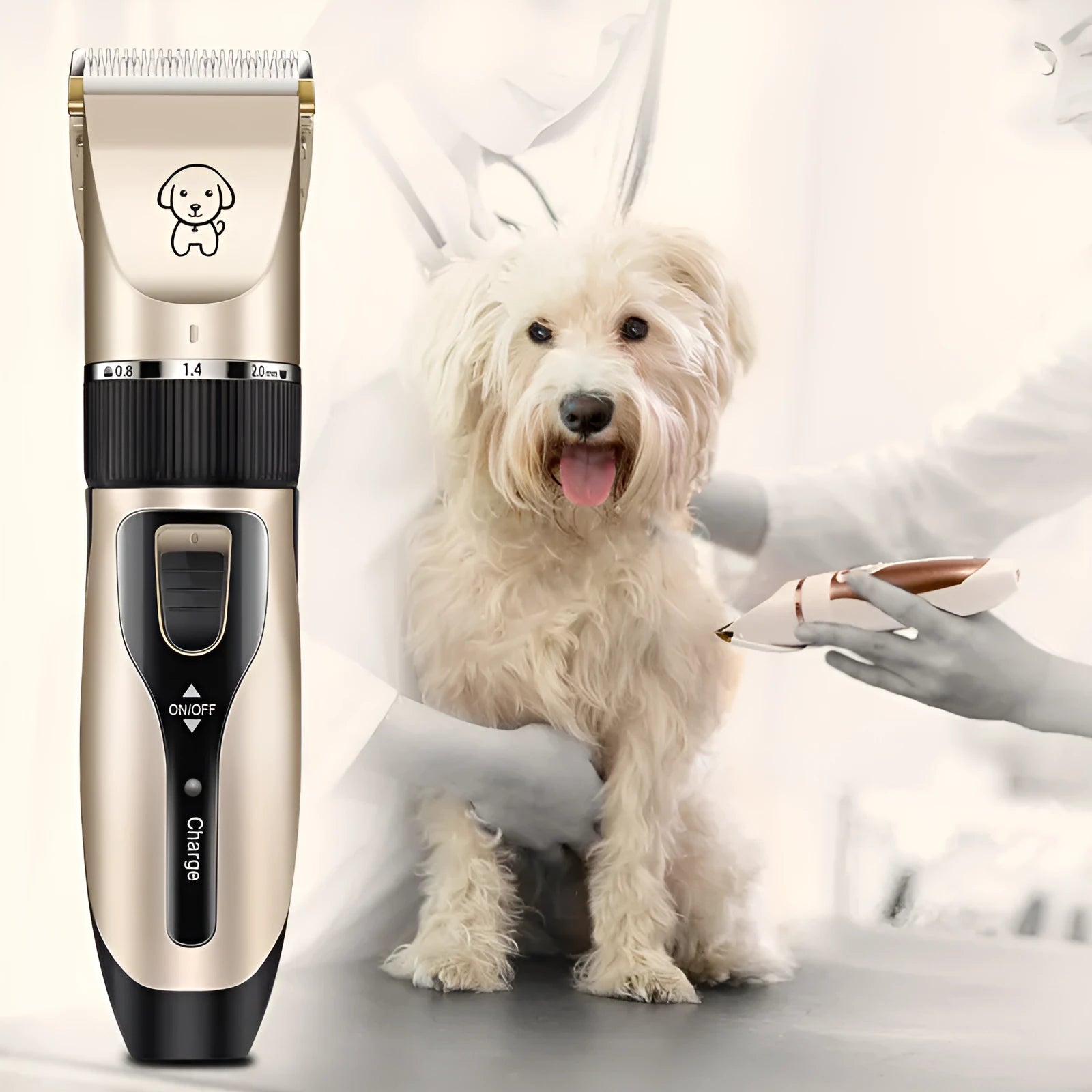 Dog shaver with titanium ceramic blade, rechargeable lithium battery, guide combs, and charger on a white background