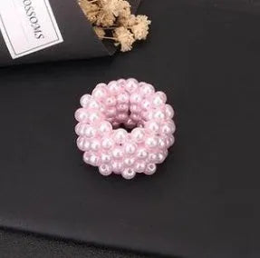 Fashion handmade beaded hair rope with imitation pearl beads in four colours black pink silver white