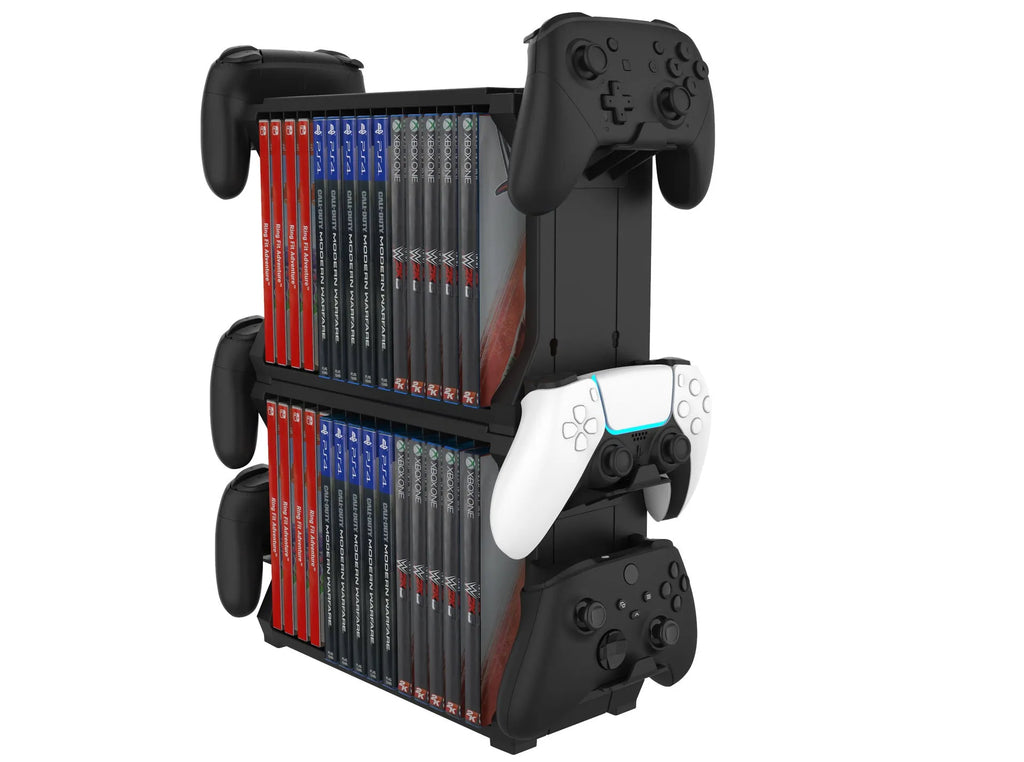 Black PS5 and Xbox Series X game disc holder with slots for discs and pegs for four controllers.