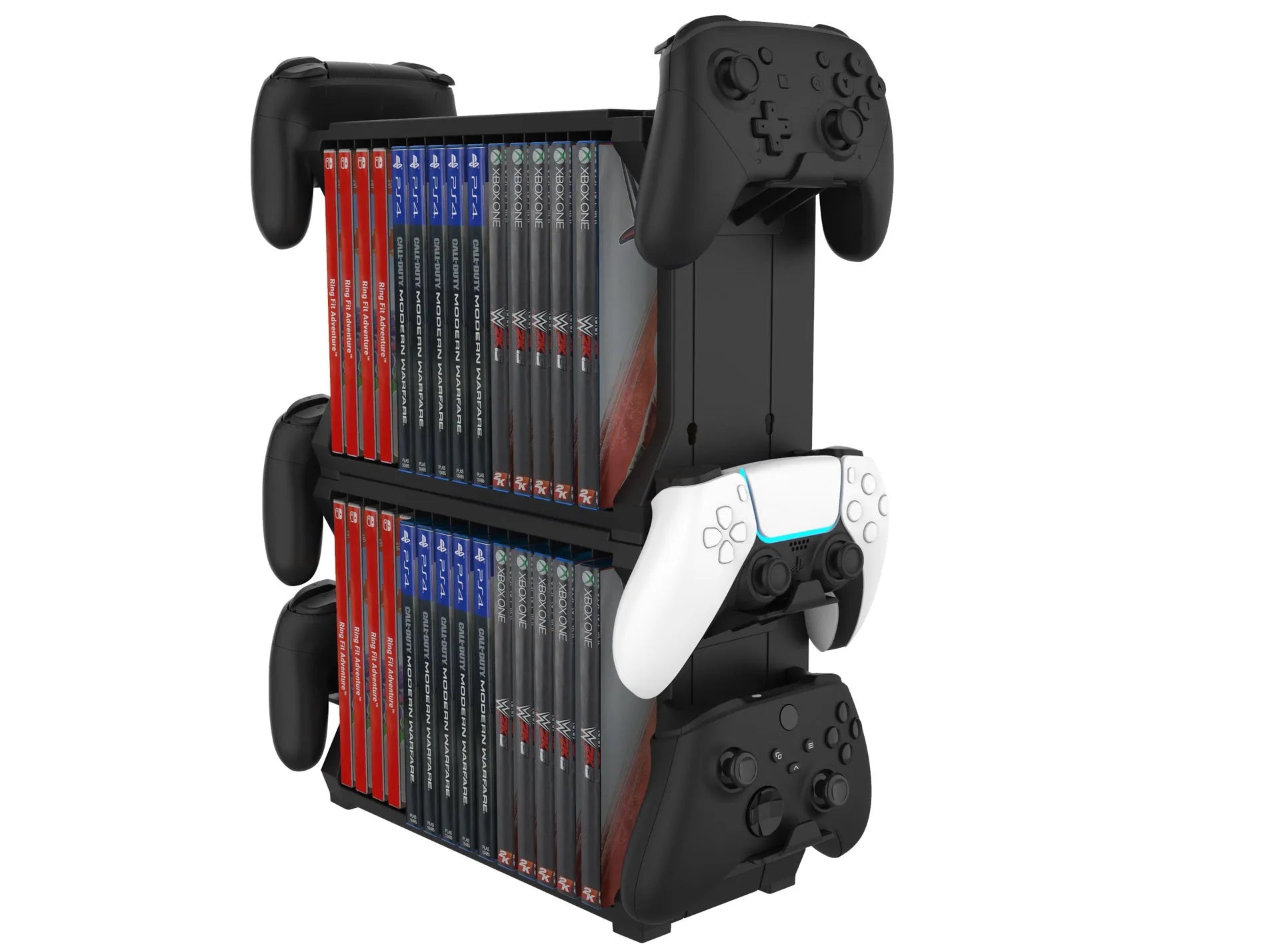 Black PS5 and Xbox Series X game disc holder with slots for discs and pegs for four controllers.