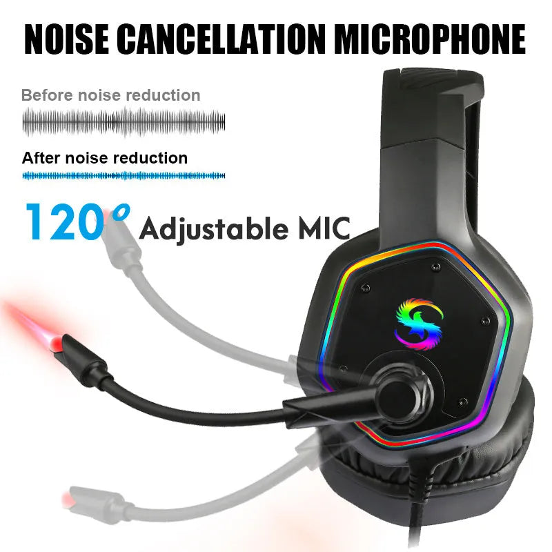 Black wired RGB gaming headset with 3.5mm straight plug, microphone, and head-mounted design