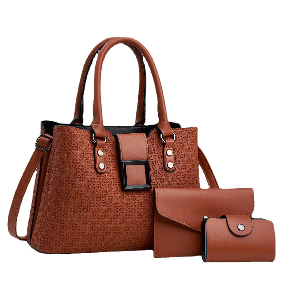 Three-piece textured PU women's crossbody bag set in square vertical design with weaving details