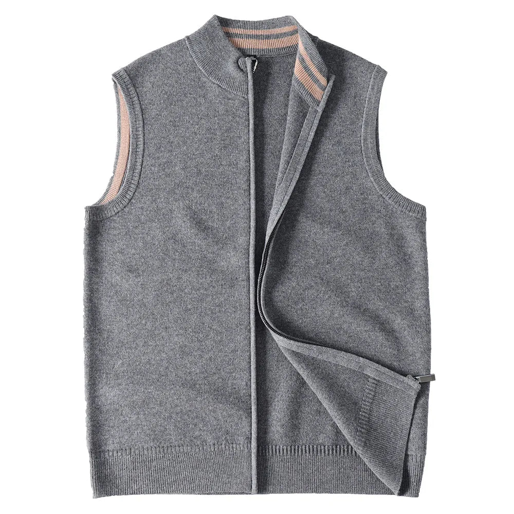 Women's loose fit thickened sleeveless knitted cardigan vest in black, front view, for autumn winter layering