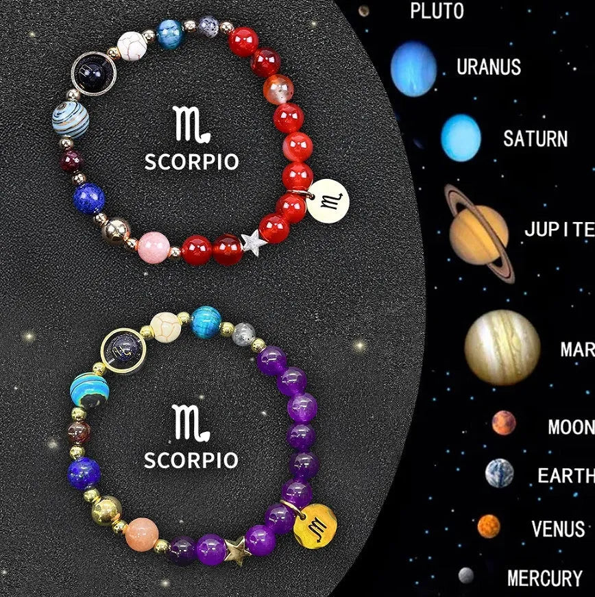 Set of twelve natural stone beaded bracelets, each representing a different zodiac sign.