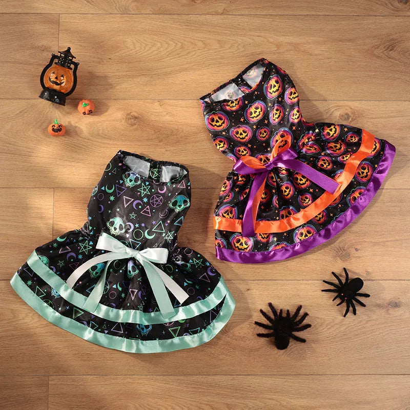 Colourful Halloween dog skirt with pumpkin print on a small dog.