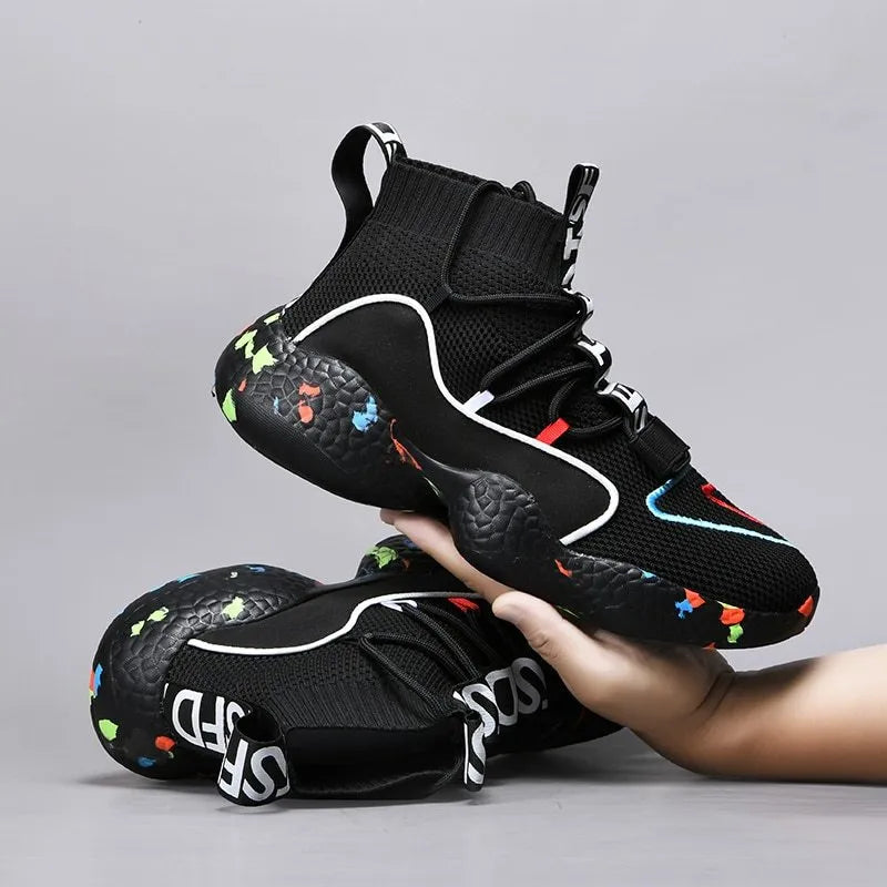 Men's camouflage vulcanised sneakers with a mesh upper and stripe pattern on a rubber sole.