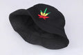 Black cotton twill fisherman hat with embroidered cartoon pattern, flat top and short brim, free size 56-58cm