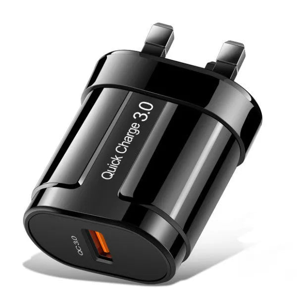 Compact international smart charger for mobile phones with EU UK US plug options in black or white