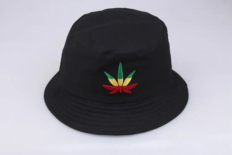 Black cotton twill fisherman hat with embroidered cartoon pattern, flat top and short brim, free size 56-58cm