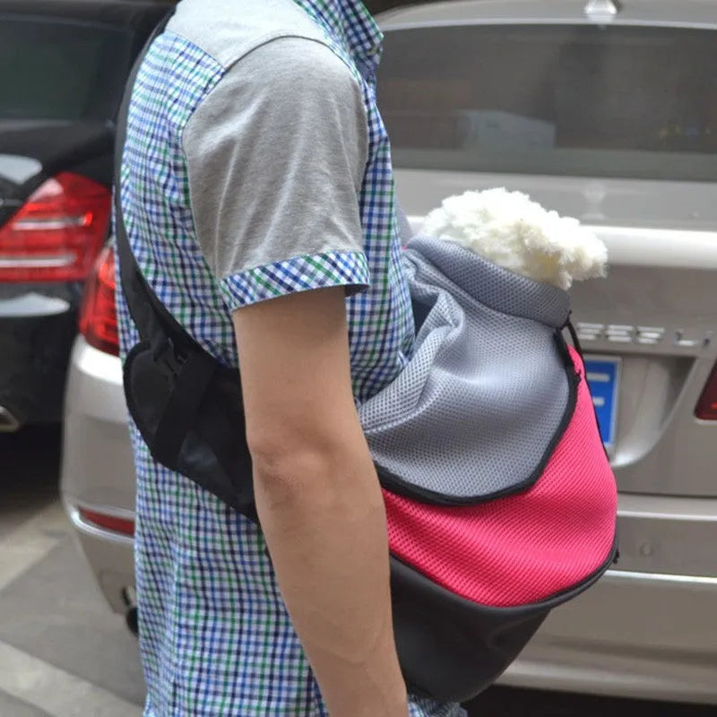 Blue pet carrier backpack with mesh ventilation windows on a person's back, showing the interior space.
