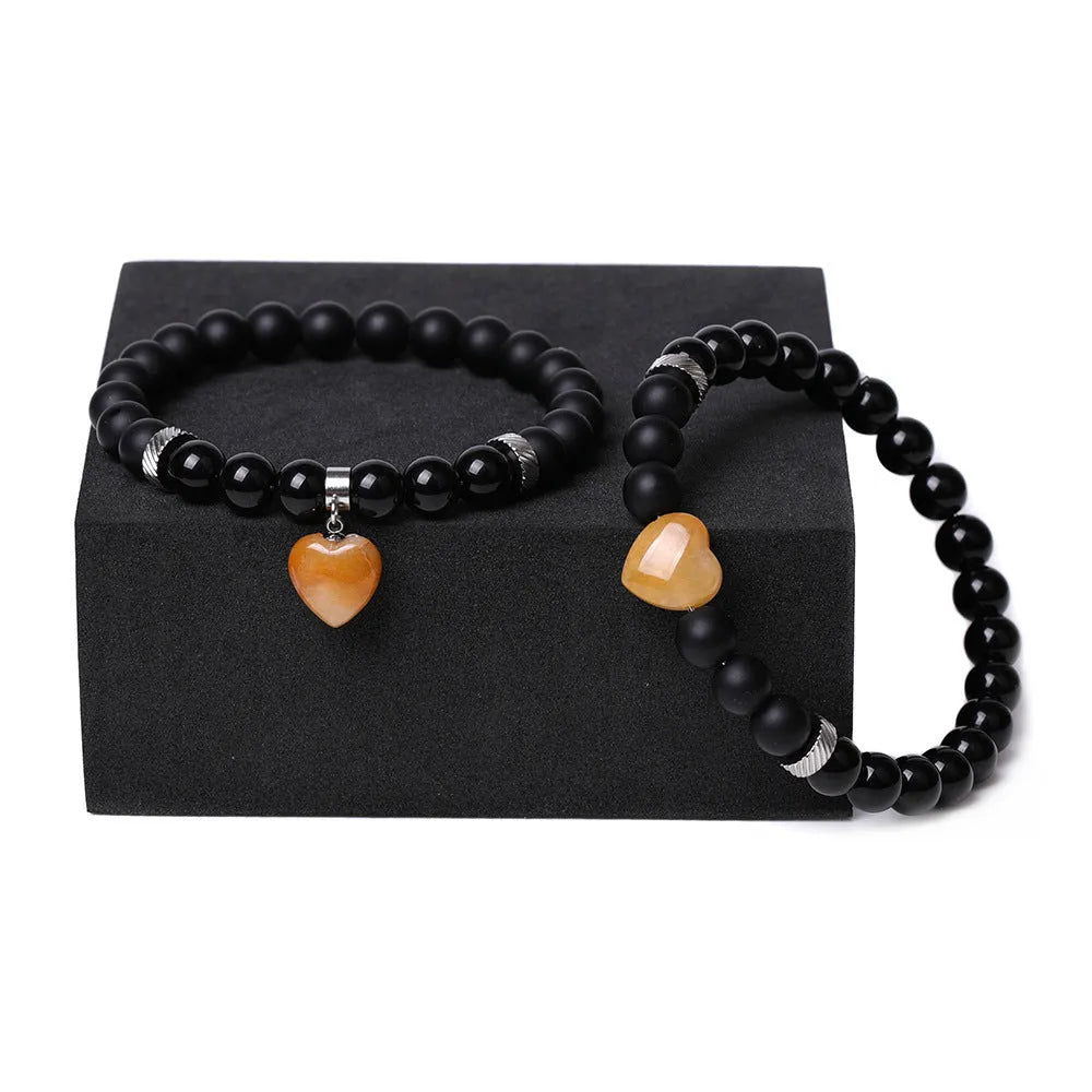 Natural stone couple matching bracelets with polished heart pendants in multiple colour variations