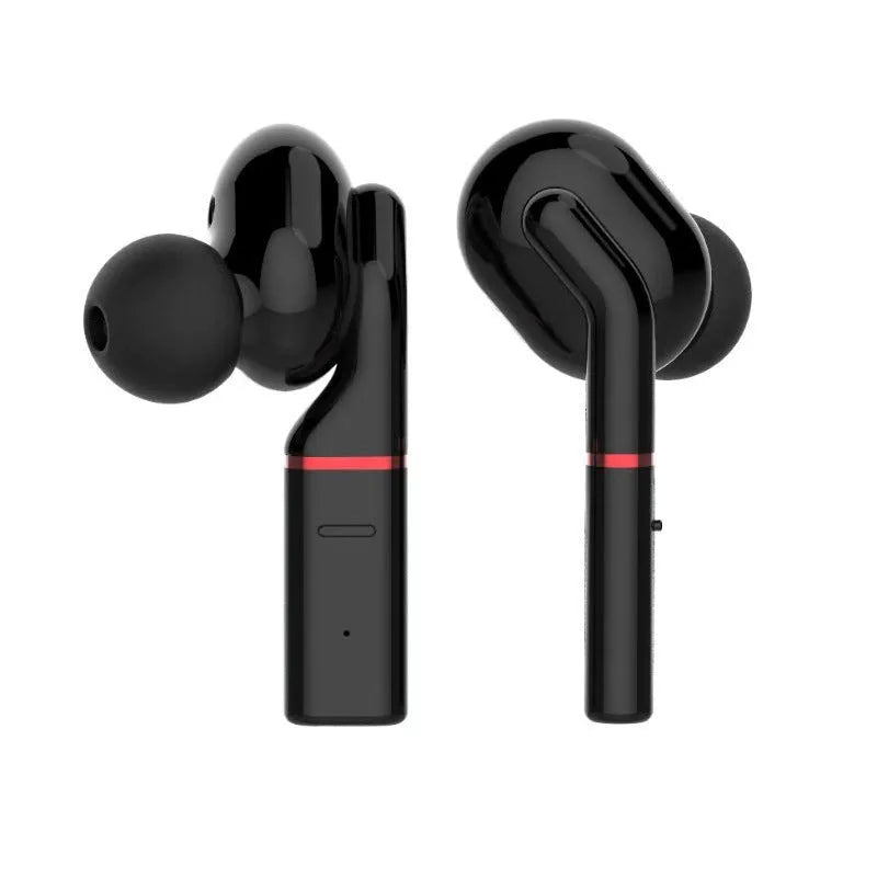 Black and white VV1 Bluetooth earphones with a compact charging case.