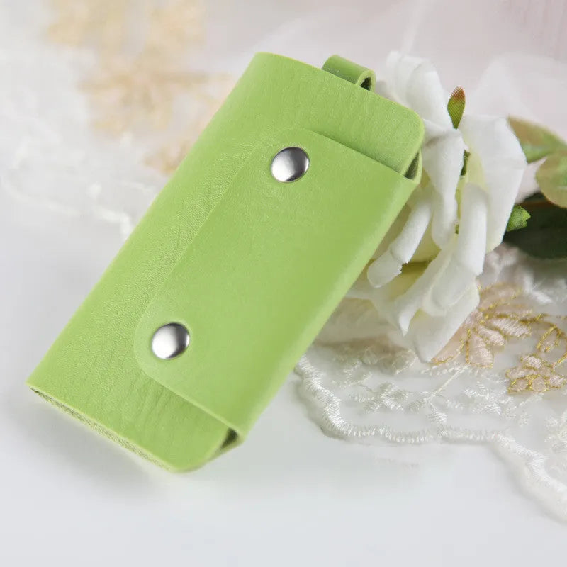 Colourful button closure PU leather key case in square vertical shape with soft plain finish