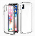 Clear transparent shockproof TPU case for iPhone models on a table.