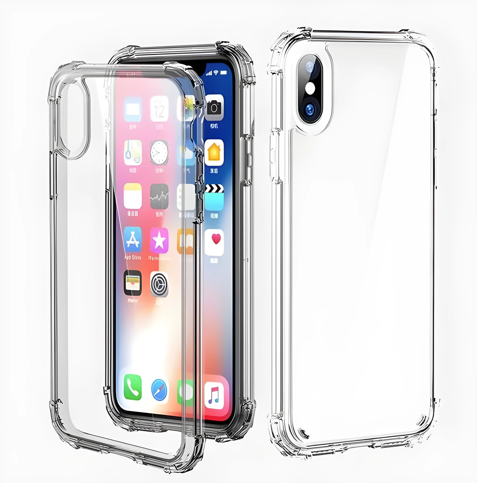 Clear transparent shockproof TPU case for iPhone models on a table.