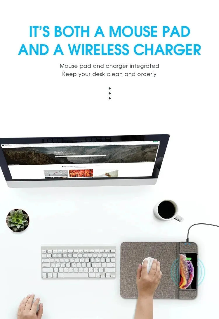 Grey foldable cloth phone holder with integrated wireless charger, showing a mobile phone standing on it at an angle.