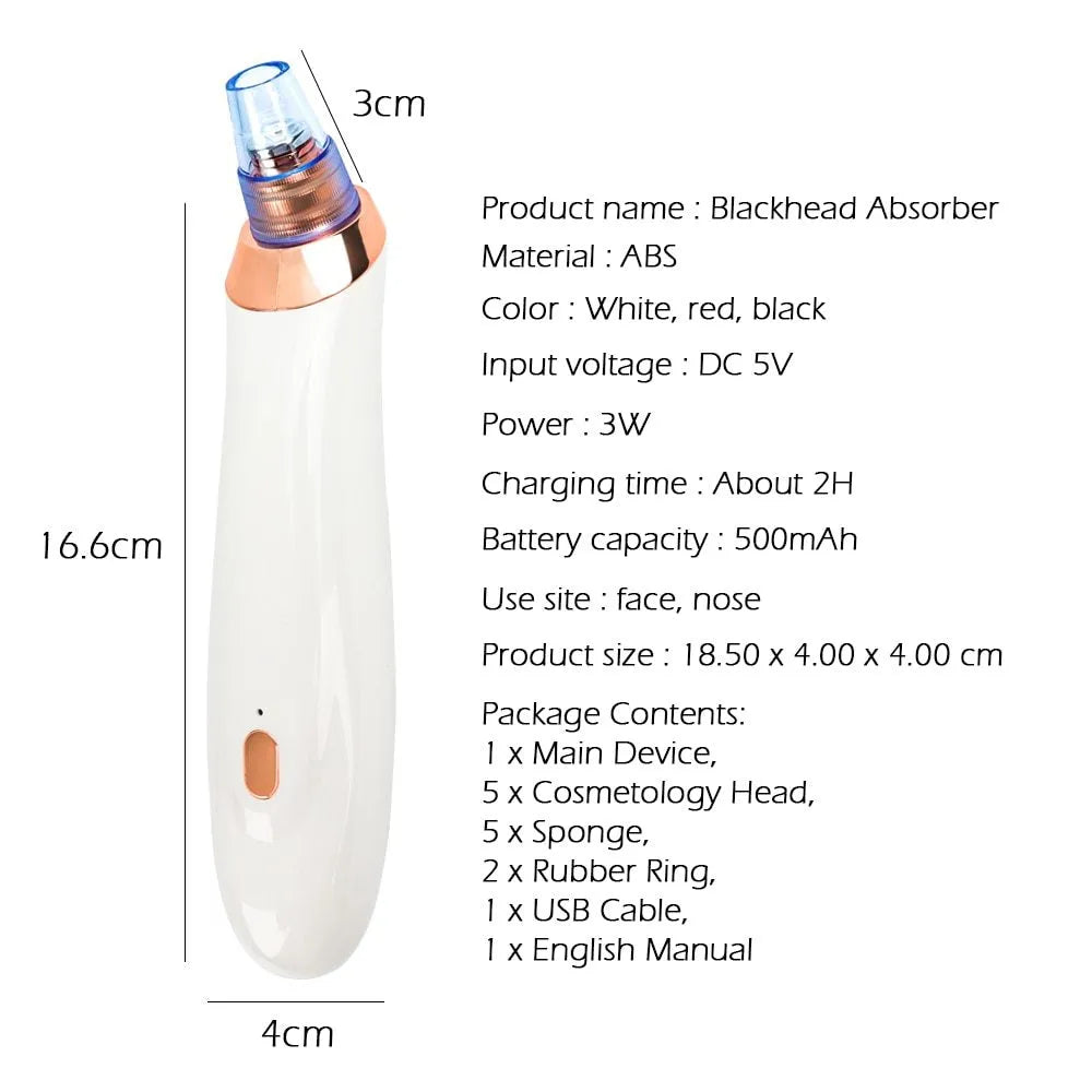 Black electric blackhead extractor device with multiple nozzle attachments for skin pore cleaning