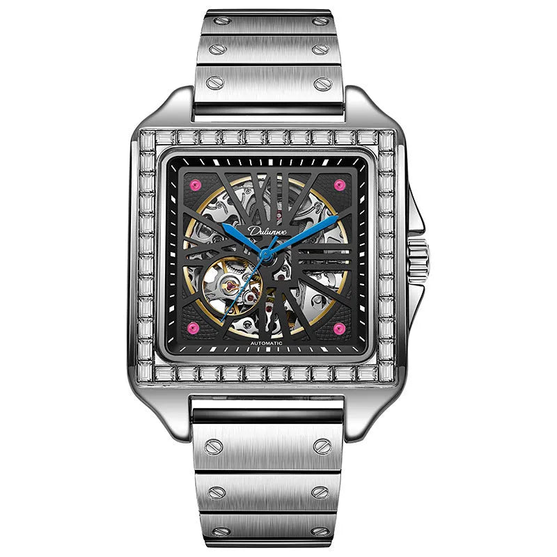 Men's square automatic watch with diamond studs on black leather strap