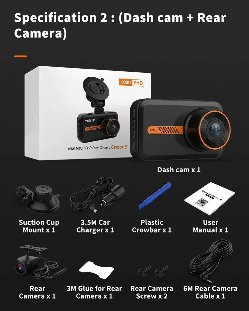 ThiEYE front and rear dash cam with 3-inch screen showing dual camera view and mounting accessories
