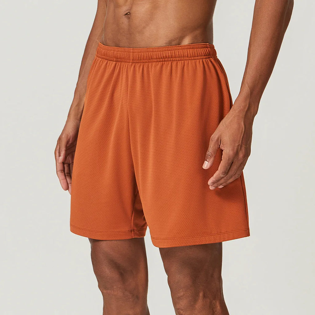 Men's sky blue double-layer running shorts with mid-waist fit and inner lining laid flat.