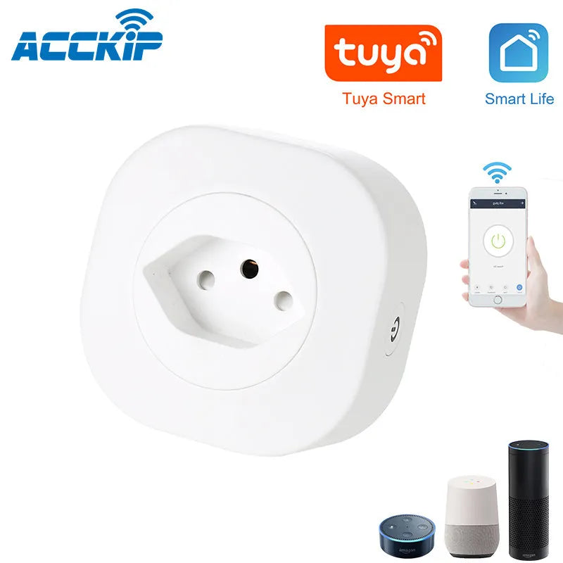 White smart socket plug with Wi-Fi logo, showing EU-style pins and compact 70mm square design.
