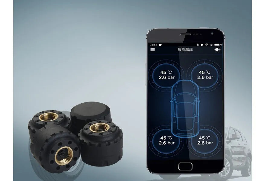 Bluetooth wireless tyre pressure monitoring system with built-in or external sensors and 5+ year battery life