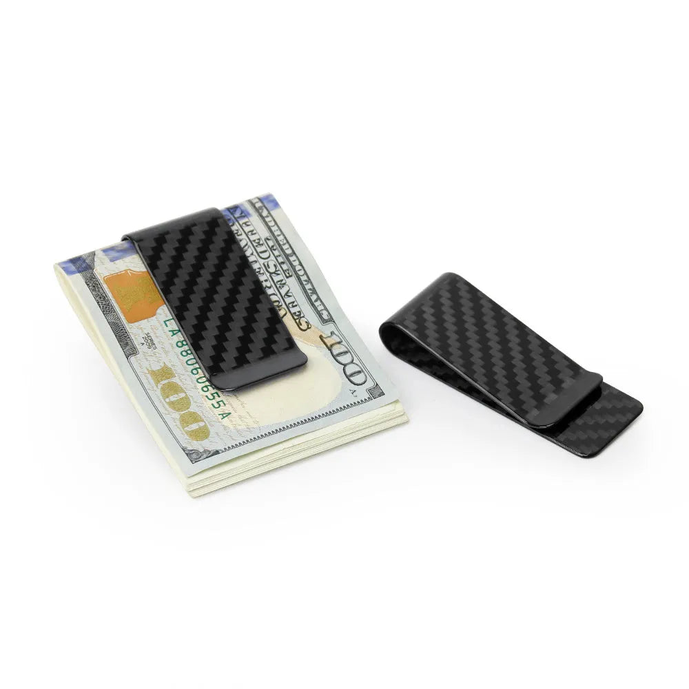 Black carbon fiber money clip with glossy striped surface, 7.1cm high, 2.8cm long, 1.3cm wide