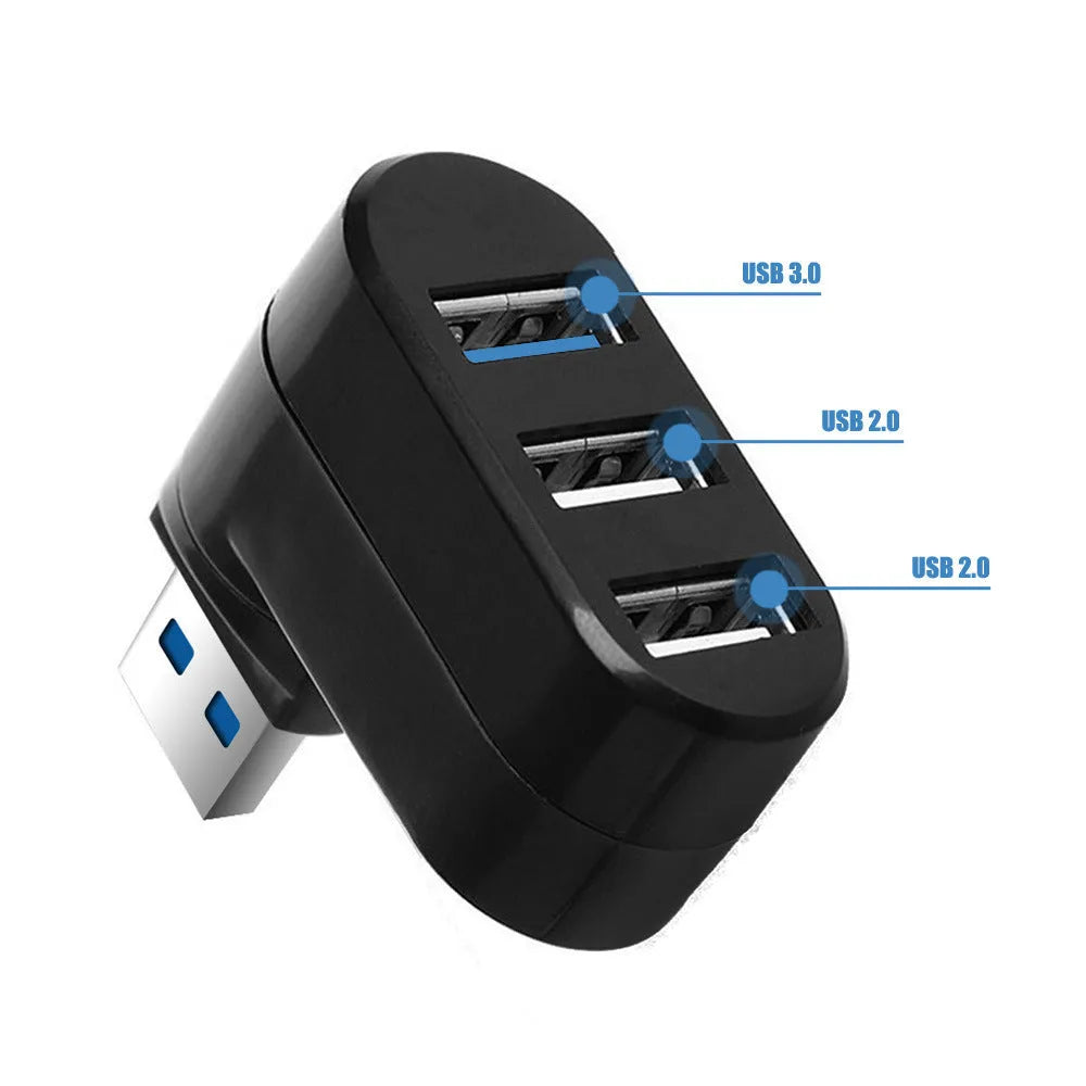 Black USB hub with four ports on a rotating white base, showing dimensions 15.5cm long.