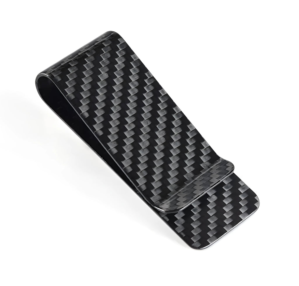 Black carbon fiber money clip with glossy striped surface, 7.1cm high, 2.8cm long, 1.3cm wide