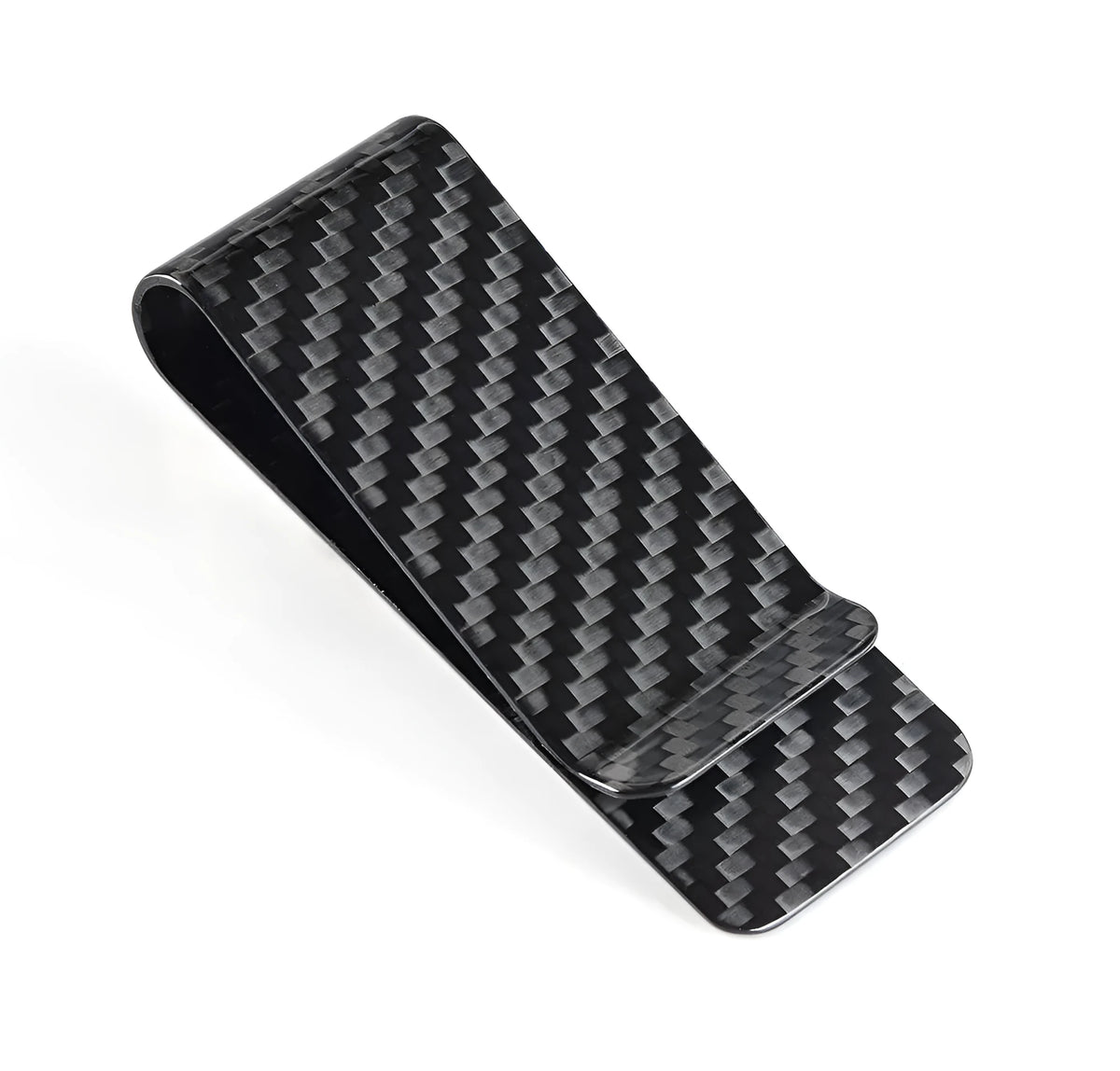 Black carbon fiber money clip with glossy striped surface, 7.1cm high, 2.8cm long, 1.3cm wide