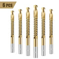 Six HSS woodworking drill bits in diameters 3mm to 8mm laid out on a wooden surface