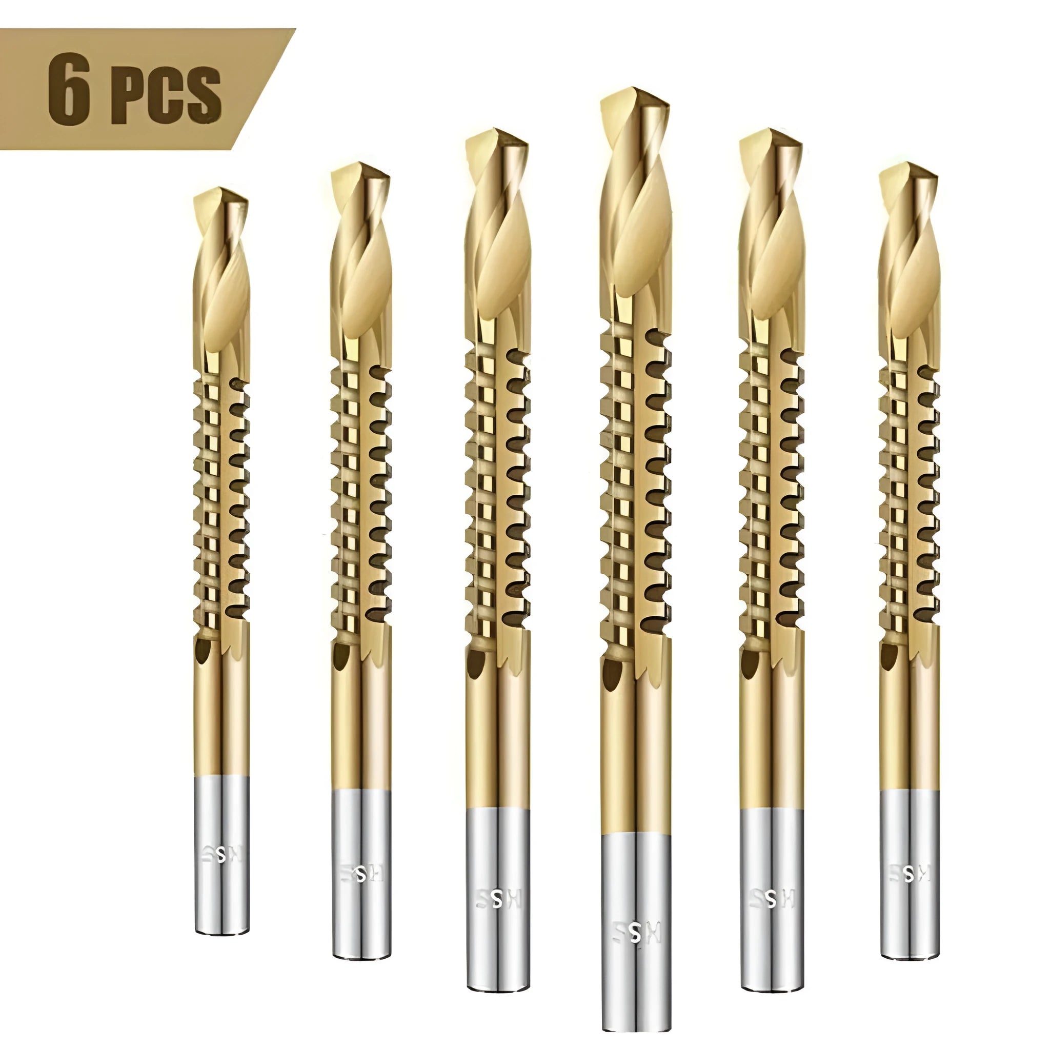 Six HSS woodworking drill bits in diameters 3mm to 8mm laid out on a wooden surface