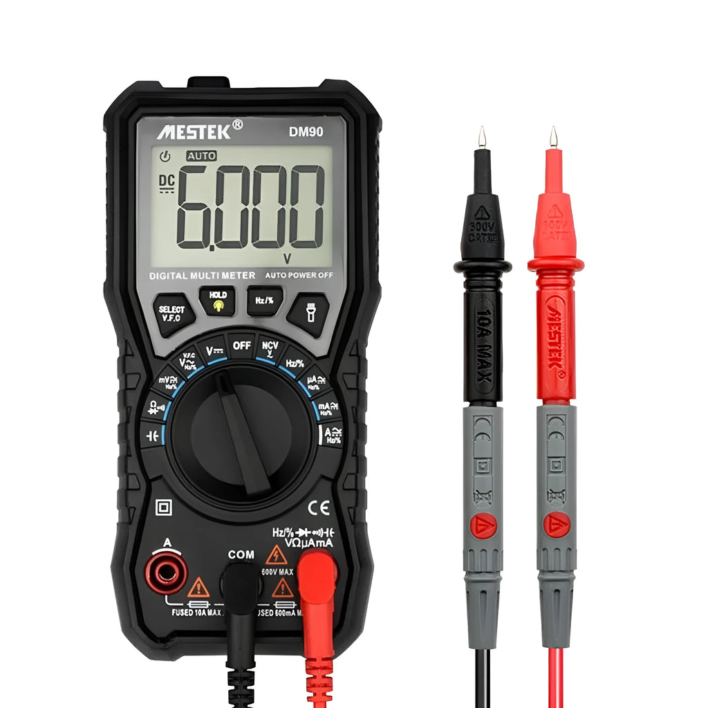 DM90A digital multimeter with test leads on a workbench, showing its display and temperature probe