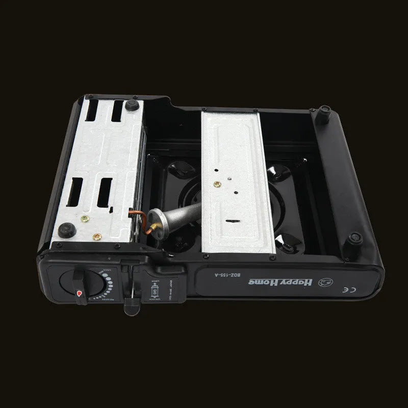 Black portable cassette stove 340x280x115mm with electronic ignition for camping, BBQ and hot pot cooking