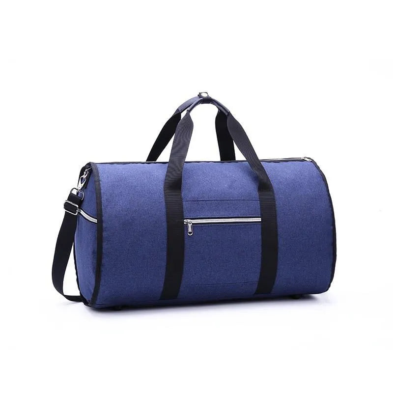 Medium cylinder-shaped travel duffle bag in black, made from Oxford cloth with a top zipper.