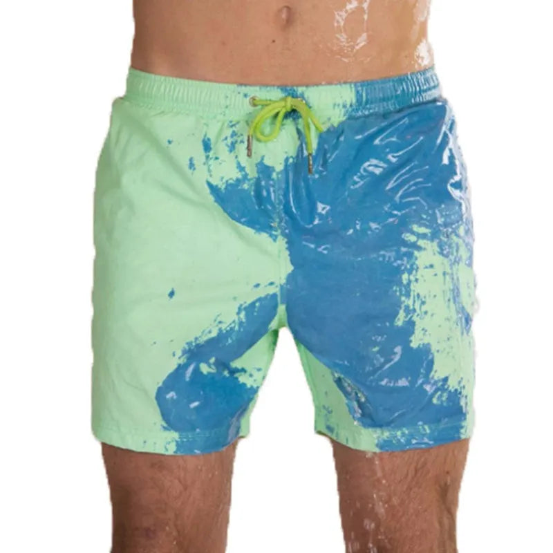 Magical colour-changing beach shorts for men in blue, with drawstring waist and quick-dry polyester fabric