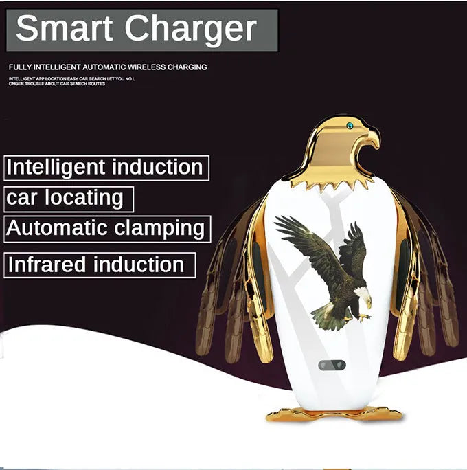Wireless charging car phone holder in black gold colour with snap-on suction cup.