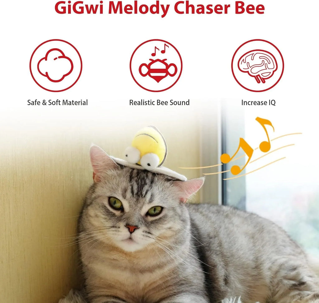 Yellow bee-shaped flannelette cat toy that chirps when touched, for indoor play.
