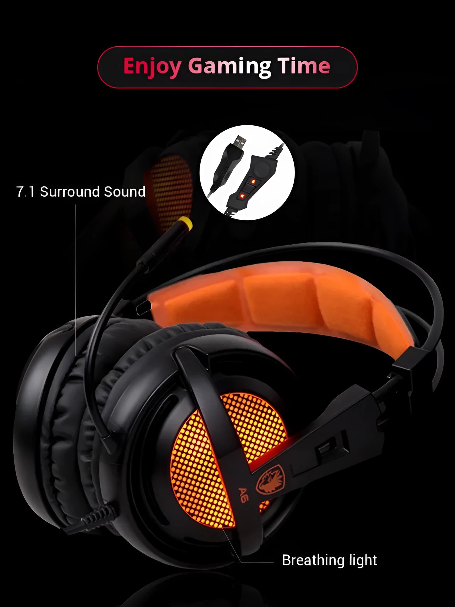 Black and white USB gaming headset with LED lights and padded ear cushions