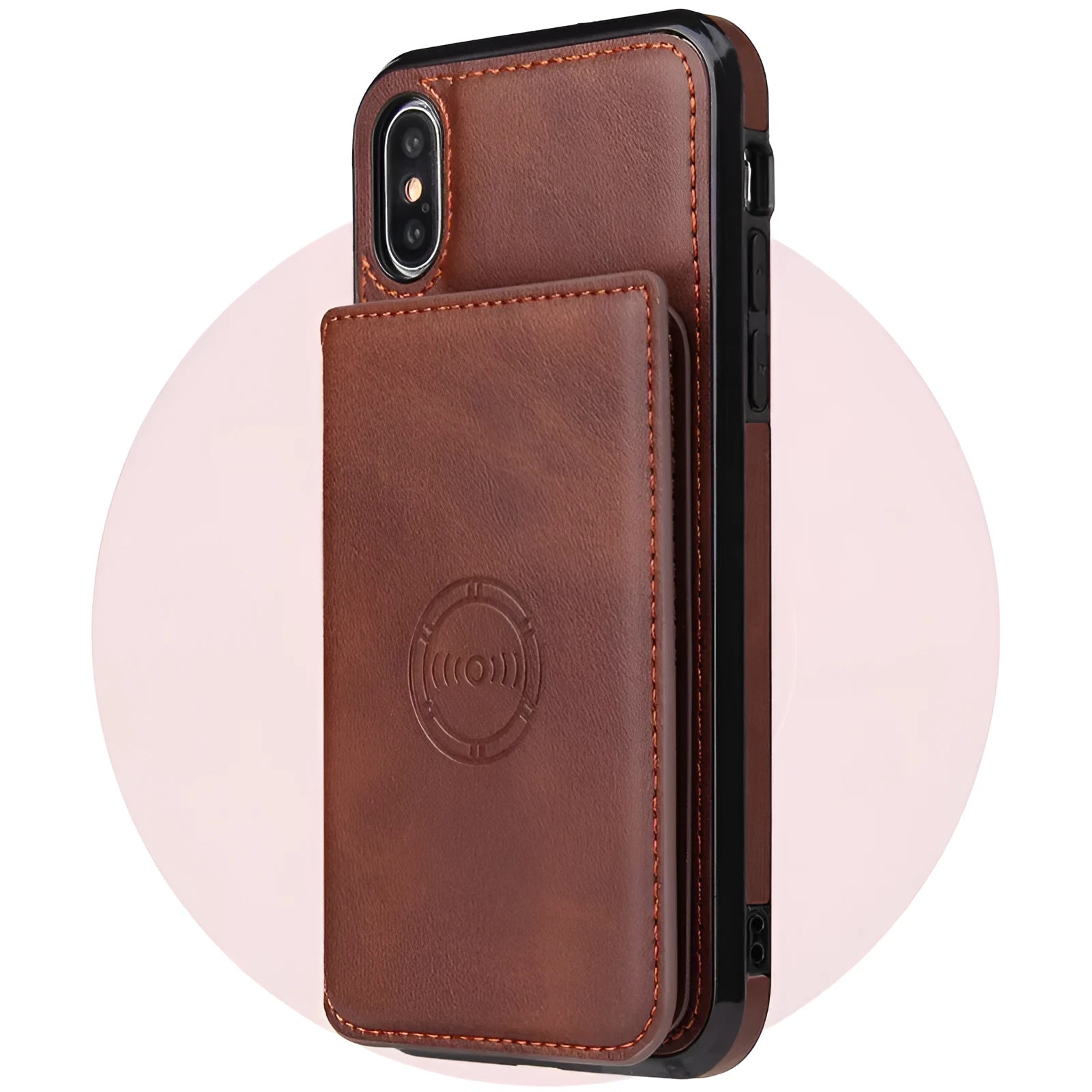 Imitation leather card wallet phone case for iPhone in black, showing card slots on the back.