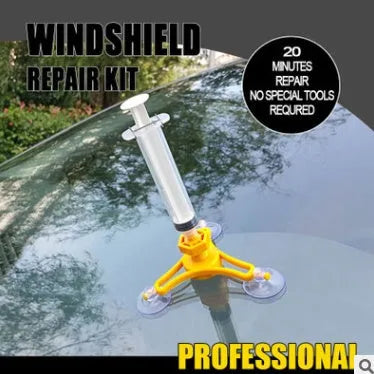 Car windscreen repair kit with vacuum air removal, injection sealing head, and repair fluid, 22x11x3cm plastic and rubber tool set