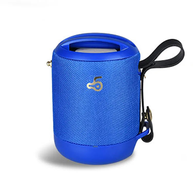 Compact black waterproof Bluetooth speaker with a carry belt, showing control buttons and a leather-style finish.