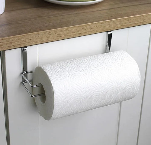 Silver stainless steel cabinet door hanging rack for paper towels, shown from the side.