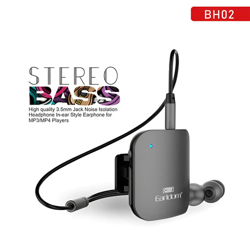 Black Bluetooth lavalier headset with clip, shown alongside packaging.